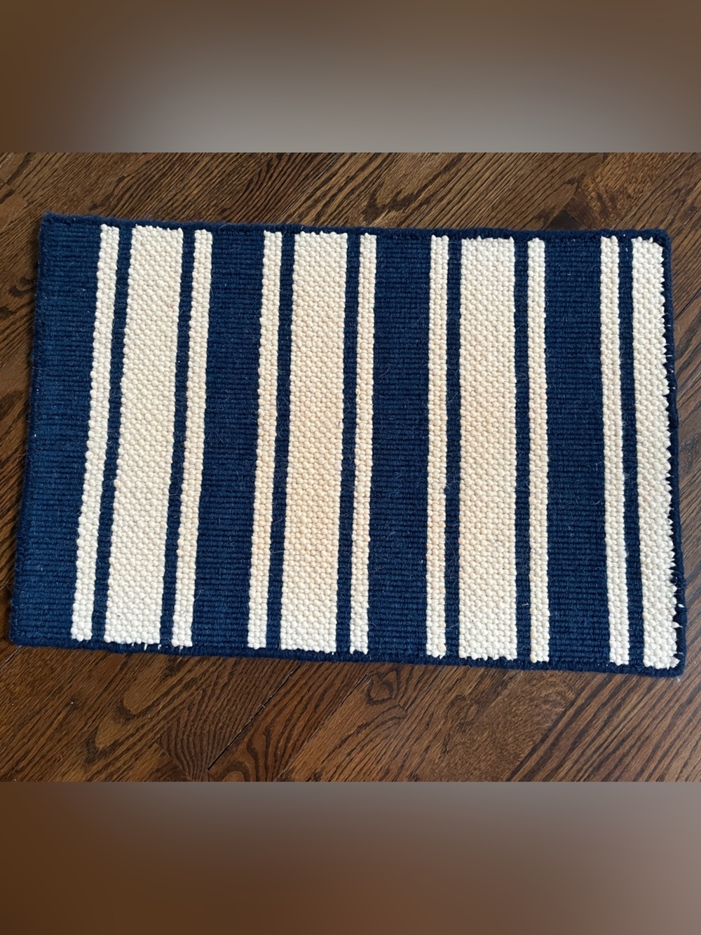 27 inches x 18.5 inches Navy and Cream Striped Rug 100% Wool